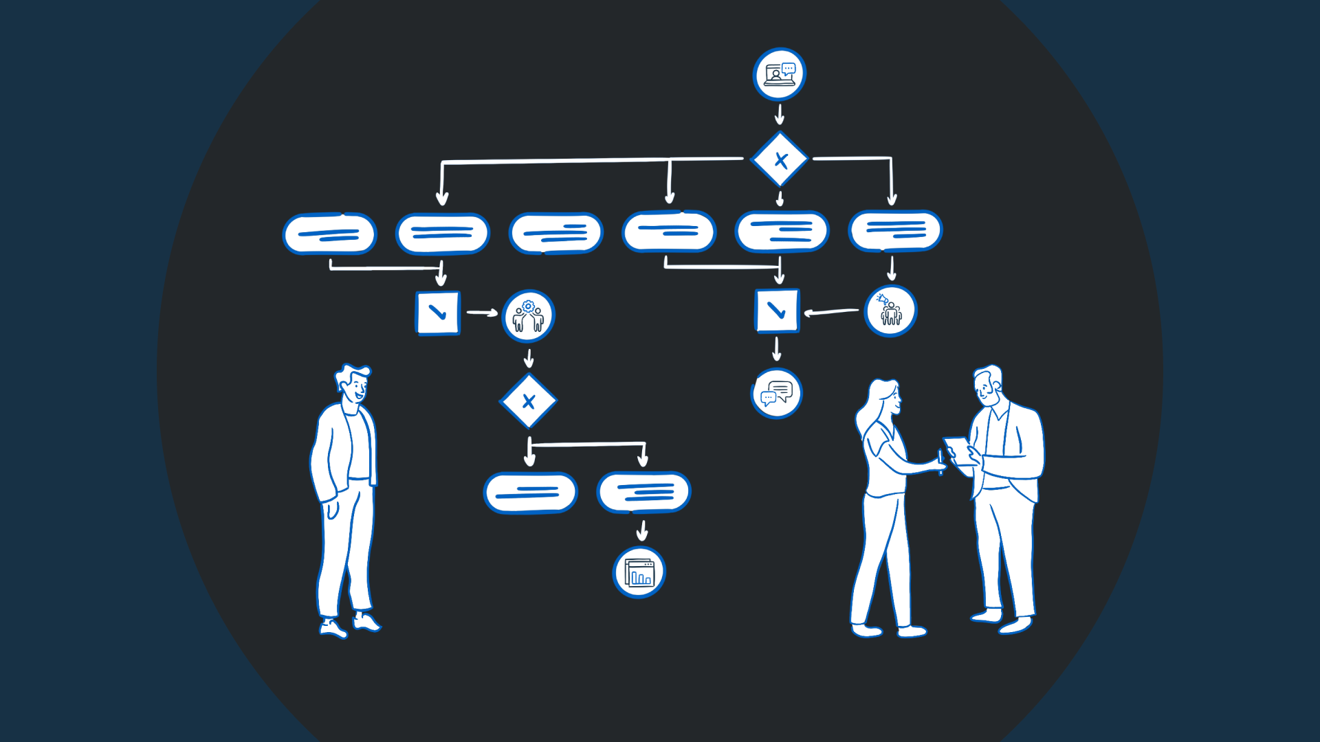 Illustration of a complex workflow and people collaborating to form a DesignOps plan
