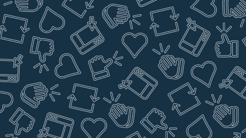 Illustration with hearts, thumbs up, and social media interfaces